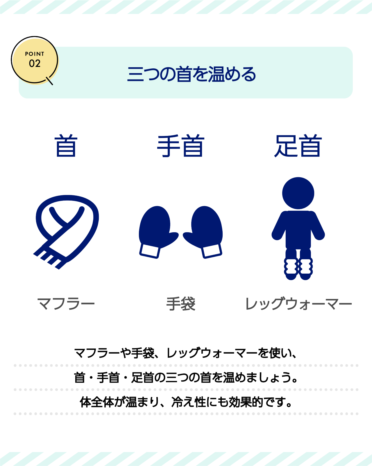 POINT02　三つの首を温める　マフラーや手袋、レッグウォーマーを使い、首・手首・足首の三つの首を温めましょう。体全体が温まり、冷え性にも効果的です。