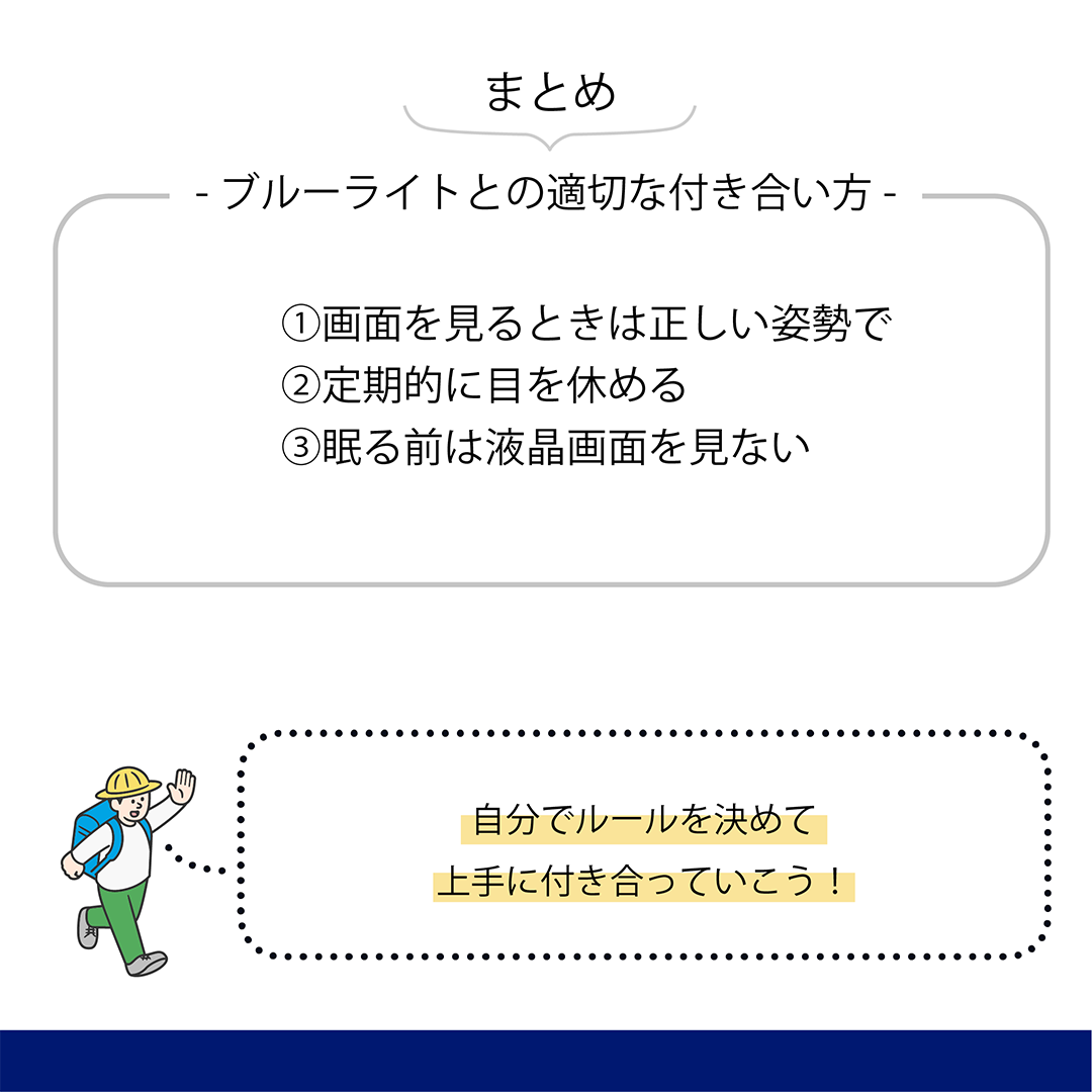 まとめ　-ブルーライトとの適切な付き合い方-　①画面を見るときは正しい姿勢で ②定期的に目を休める ③眠る前は液晶画面を見ない　自分でルールを決めて上手に付き合っていこう！