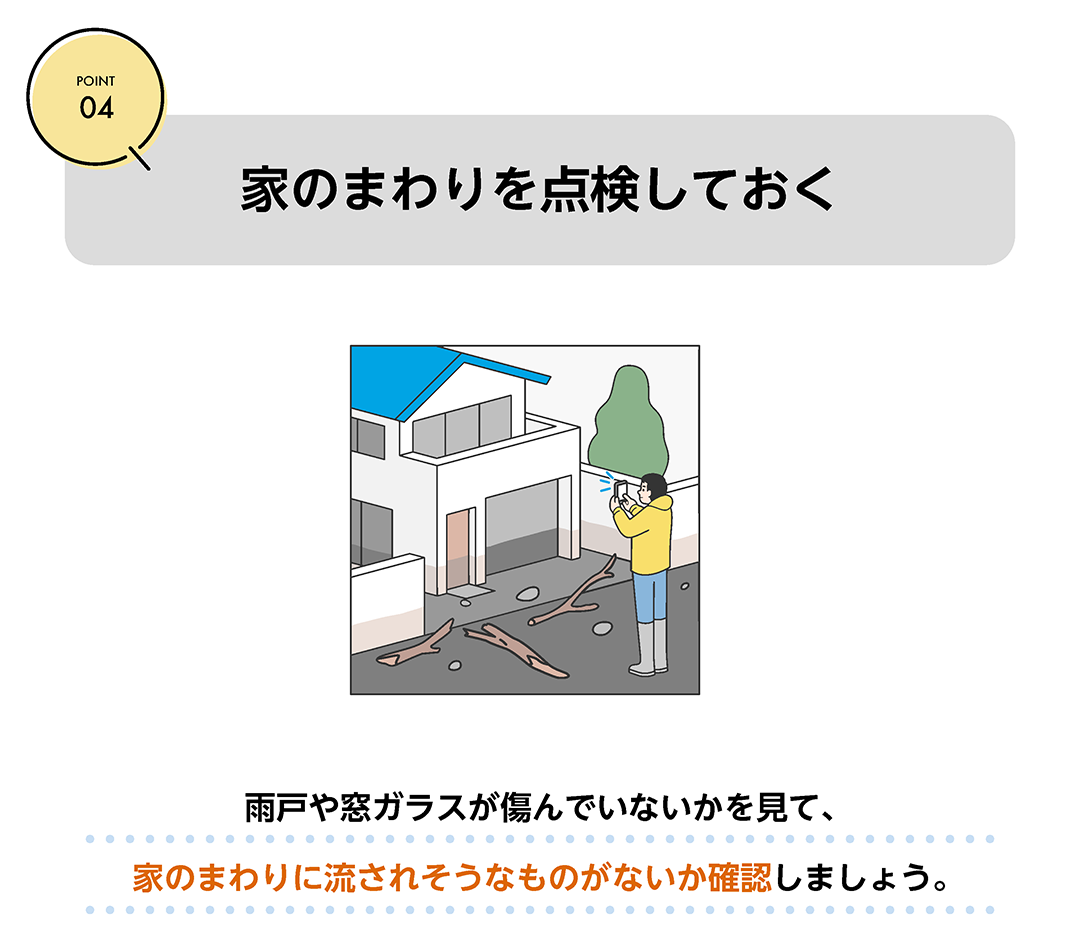 POINT04　家のまわりを点検しておく　雨戸や窓ガラスが傷んでいないかを見て、家のまわりに流されそうなものがないか確認しましょう。
