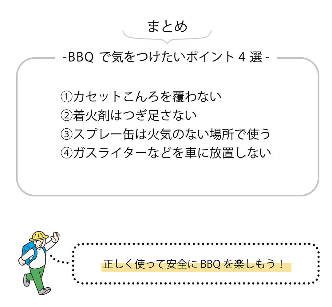 まとめ　-BBQで気をつけたいポイント4選-　①カセットこんろを覆わない　②着火剤はつぎ足さない　③スプレー缶は火気のない場所で使う　④ガスライターなどを車に放置しない　正しく使って安全にBBQを楽しもう！