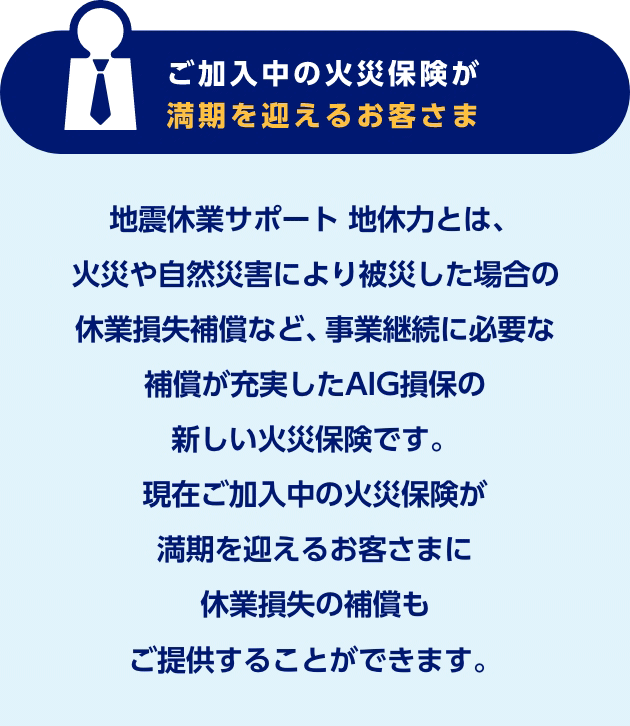 ご加入中の火災保険が満期を迎えるお客さま　地震休業サポート 地休力とは、火災や自然災害により被災した場合の休業損失補償など、事業継続に必要な補償が充実したAIG損保の新しい火災保険です。現在ご加入中の火災保険が満期を迎えるお客さまに休業損失の補償もご提供することができます。