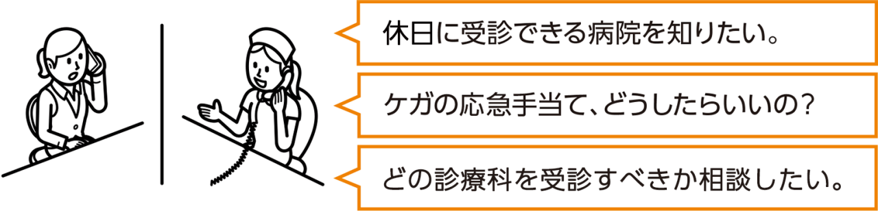 休日に受診できる病院を知りたい。　ケガの応急手当て、どうしたらいいの？　どの診療科を受診すべきか相談したい。