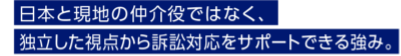 日本と現地の仲介役ではなく、独立した視点から訴訟対応をサポートできる強み。