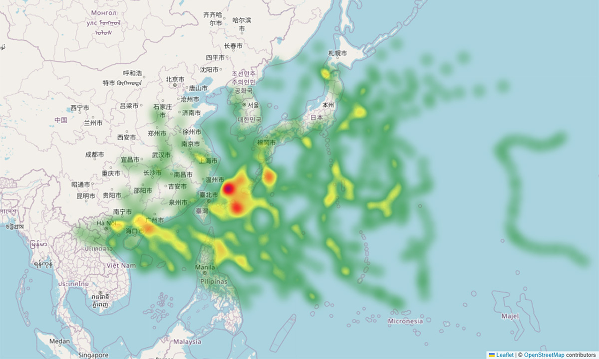 2020年から2024年の台風中心位置通過場所のヒートマップ（夏）