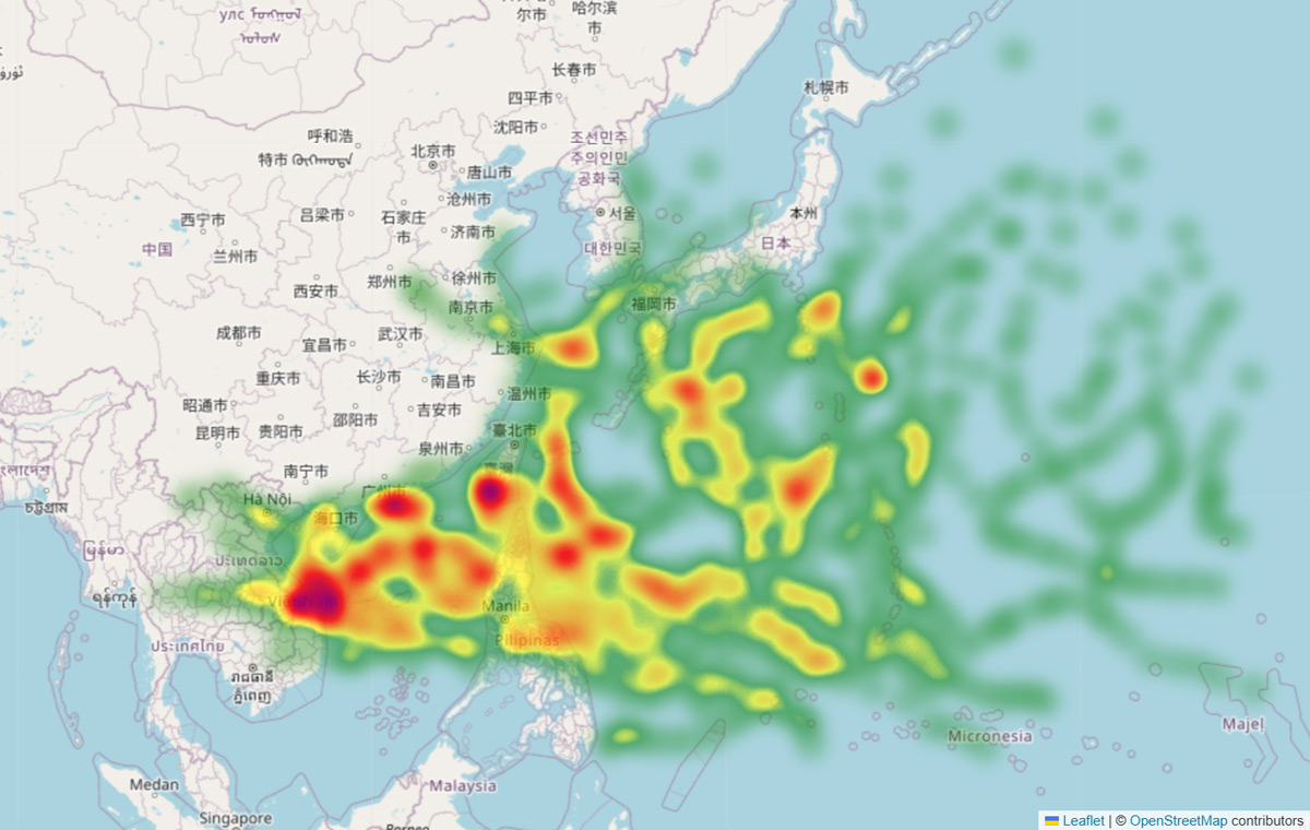 2020年から2024年の台風中心位置通過場所のヒートマップ（秋）