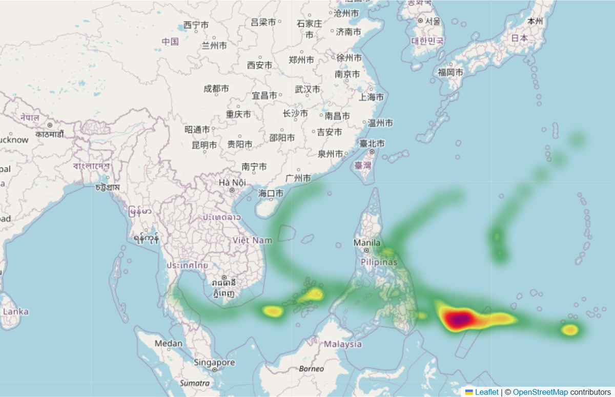 2020年から2024年の台風中心位置通過場所のヒートマップ（冬）