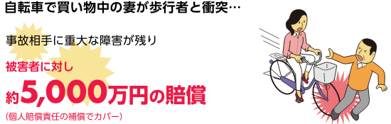 自転車で買い物中の妻が歩行者と衝突・・・　事故相手に重大な障害が残り被害者に対し約5,000万円の賠償（個人賠償責任の補償でカバー）