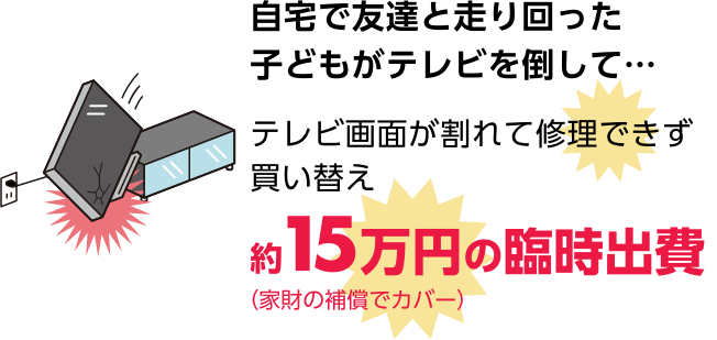 自宅で友達と走り回った子どもがテレビを倒して・・・　テレビ画面が割れて修理できず買い替え　約15万円の臨時出費（家財の補償でカバー）