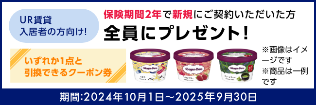 UR賃貸入居者の方向け！保険期間2年で新規にご契約いただいた方全員にプレゼント！　いずれか1点と引換できるクーポン券　※画像はイメージです ※商品は一例です　期間：2024年10月1日～2025年9月30日