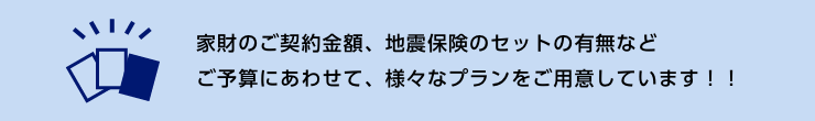 家財のご契約金額、地震保険のセットの有無などご予算にあわせて、様々なプランをご用意しています！！