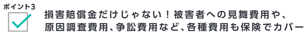 ポイント3　損害賠償金だけじゃない！被害者への見舞費用や、原因調査費用、争訟費用など、各種費用も保険でカバー