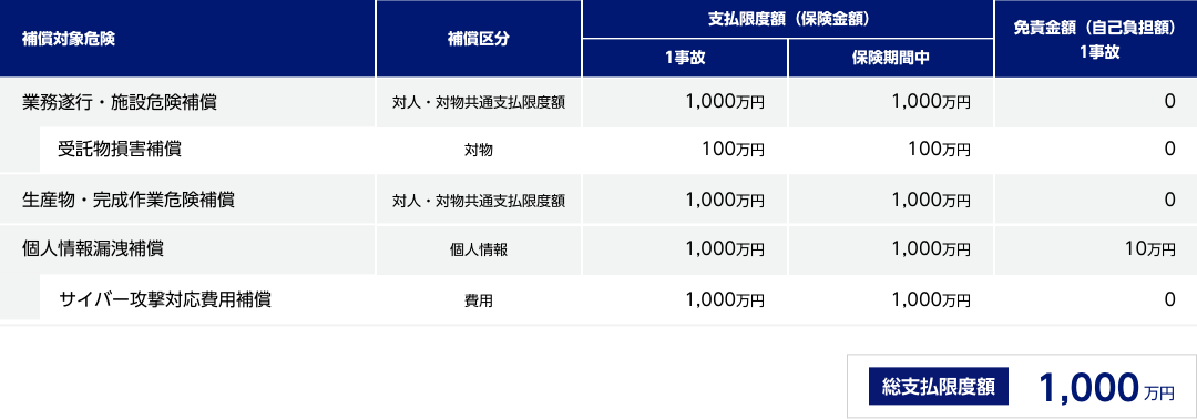 補償対象危険　業務遂行・施設危険補償　補償区分 対人・対物共通支払限度額　支払限度額（保険金額）1事故1,000万円 保険期間中1,000万円　免責金額（自己負担額） 1事故0　受託物損害補償　補償区分 対物　支払限度額（保険金額）1事故100万円 保険期間中100万円　免責金額（自己負担額） 1事故0　生産物・完成作業危険補償　補償区分 対人・対物共通支払限度額　支払限度額（保険金額）1事故1,000万円 保険期間中1,000万円　免責金額（自己負担額） 1事故0　個人情報漏洩補償　補償区分 個人情報　支払限度額（保険金額）1事故1,000万円 保険期間中1,000万円　免責金額（自己負担額） 1事故10万円　サイバー攻撃対応費用補償　補償区分 費用　支払限度額（保険金額）1事故1,000万円 保険期間中1,000万円　免責金額（自己負担額） 1事故0　総支払限度額1,000万円