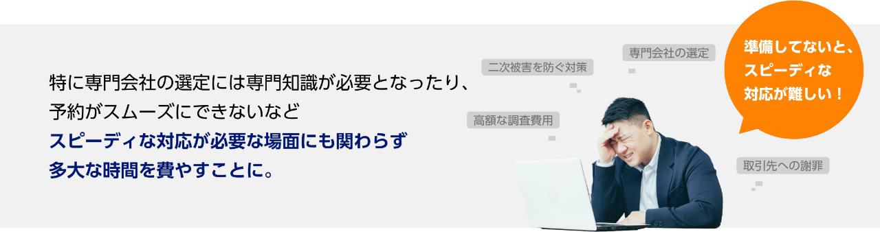 特に専門会社の選定には専門知識が必要となったり、予約がスムーズにできないなどスピーディな対応が必要な場面にも関わらず多大な時間を費やすことに。　二次被害を防ぐ対策　高額な調査費用　専門会社の選定　取引先への謝罪　準備してないと、スピーディな対応が難しい！