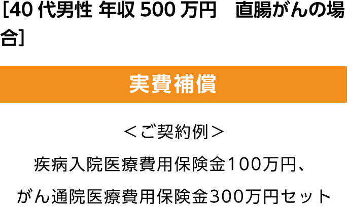 ［40代男性 年収500万円　直腸がんの場合］　実費補償〈ご契約例〉疾病入院医療費用保険金100万円、がん通院医療費用保険金300万円セット