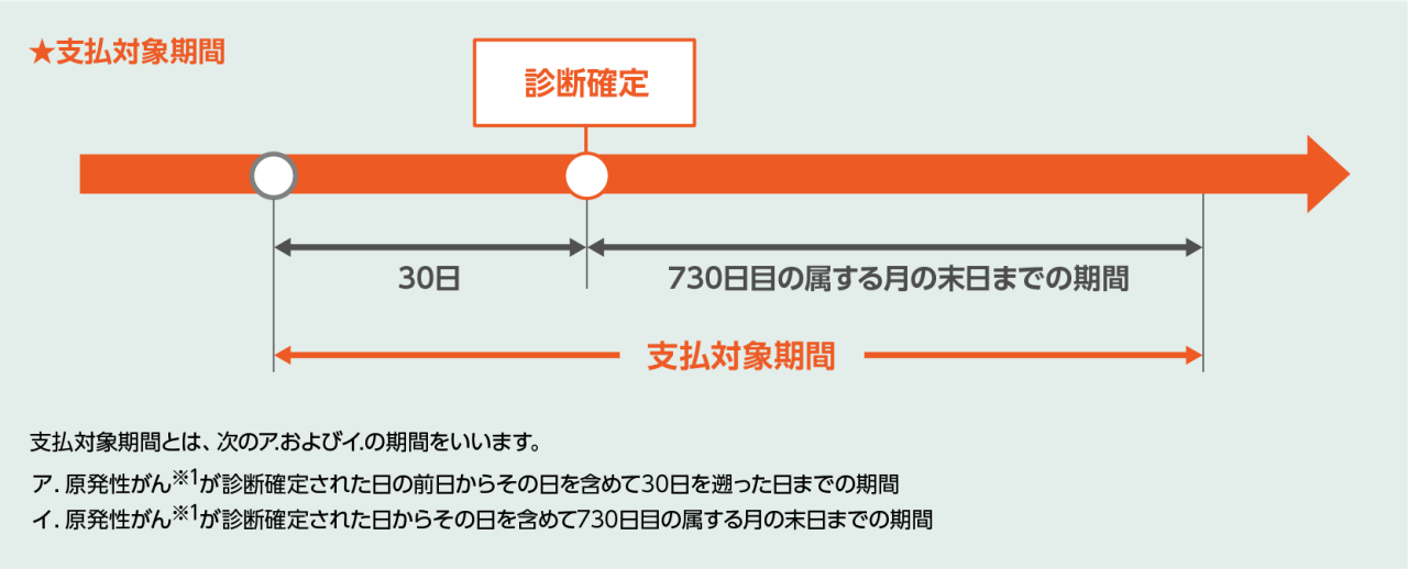 支払対象期間　30日診断確定 730日目の属する月の末日までの期間　支払対象期間とは、次のア.およびイ.の期間をいいます。ア.原発性がん※1が診断確定された日の前日からその日までを含めて30日を遡った日までの期間　イ.原発性がん※1が診断確定された日からその日を含めて730日目の属する月の末日までの期間