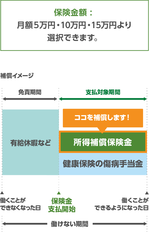 保険金額：月額5万円・10万円・15万円より選択できます。