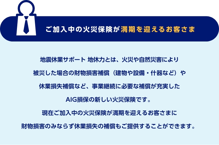ご加入中の火災保険が満期を迎えるお客さま　地震休業サポート 地休力とは、火災や自然災害により被災した場合の財物損害補償（建物や設備・什器など）や休業損失補償など、事業継続に必要な補償が充実したAIG損保の新しい火災保険です。現在ご加入中の火災保険が満期を迎えるお客さまに財物損害のみならず休業損失の補償もご提供することができます。