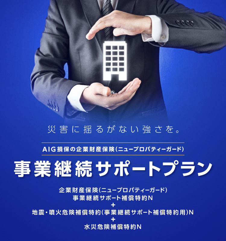 災害に揺るがない強さを。　AIG損保の企業財産保険（ニュープロパティーガード）事業継続サポートプラン　企業財産保険（ニュープロパティーガード）事業継続サポート補償特約N＋地震・噴火危険補償特約（事業継続サポート補償特約用）N＋水災危険補償特約N＋水災危険補償特約N