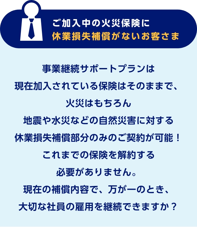 ご加入中の火災保険に休業損失補償がないお客さま　事業継続サポートプランは現在加入されている保険はそのままで、火災はもちろん地震や水災などの自然災害に対する休業損失補償部分のみのご契約が可能！これまでの保険を解約する必要がありません。現在の補償内容で、万が一のとき、大切な社員の雇用を継続できますか？