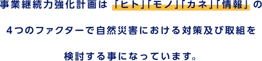 事業継続力強化計画は「ヒト」「モノ」「カネ」「情報」の4つのファクターで自然災害における対策及び取組を検討する事になっています。