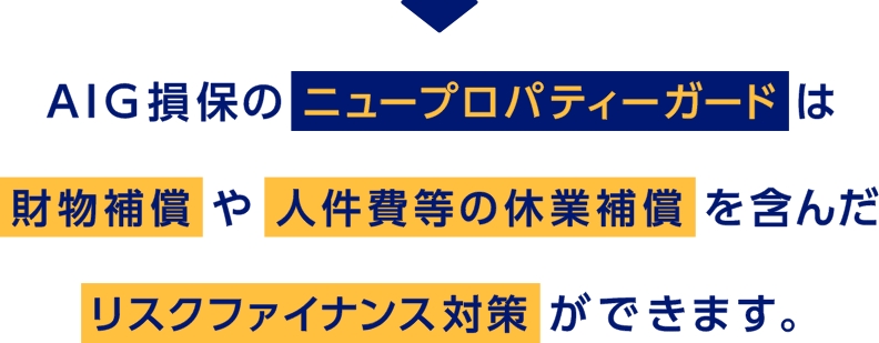 AIG損保のニュープロパティーガードは財物補償や人件費等の休業補償を含んだリスクファイナンス対策ができます。