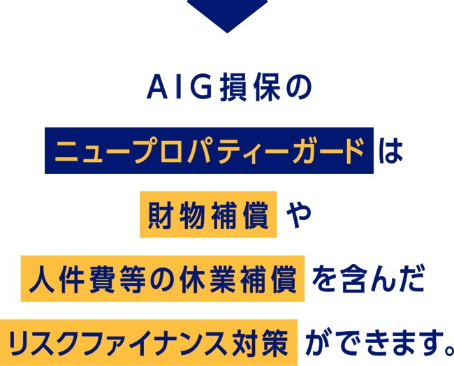 AIG損保のニュープロパティーガードは財物補償や人件費等の休業補償を含んだリスクファイナンス対策ができます。