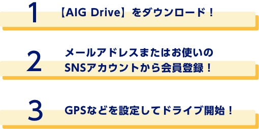 1 【AIG Drive】をダウンロード！　2 メールアドレスまたはお使いのSNSアカウントから会員登録！　3 GPSなどを設定してドライブ開始！