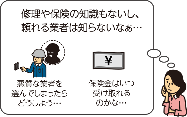 修理や保険の知識もないし、頼れる業者は知らないなぁ…　悪質な業者を選んでしまったらどうしよう…　保険金はいつ受け取れるのかな…