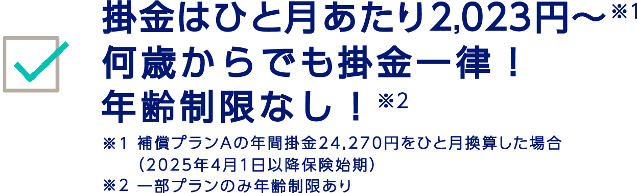 掛け金はひと月あたり2,023円～※1　何歳からでも掛金一律！年齢制限なし！※2　※1 補償プランAの年間掛金24,270円をひと月換算した場合（2025年4月1日以降保険始期）　※2 一部プランのみ年齢制限あり