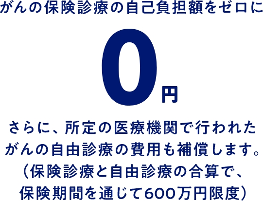 がんの保険診療の自己負担額をゼロに　0円　さらに、所定の医療機関で行われたがんの自由診療の費用も補償します。（保険診療と自由診療の合算で、保険期間を通じて600万円限度）