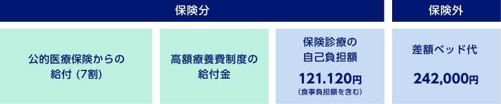 保険分 公的医療保険からの給付(7割) 高額療養費制度の給付金 保険診療の自己負担額121,120円(⾷事負担額を含む)　保険外 差額ベッド代242,000円