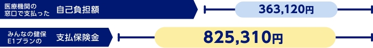 医療機関の窓⼝で⽀払った⾃⼰負担額363,120円　みんなの健保E1プランの⽀払保険⾦825,310円