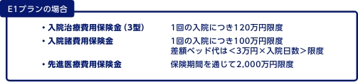 E1プランの場合　・入院治療費用保険金（3型） 1回の入院につき120万円限度　・入院諸費用保険金 1回の入院につき100万円限度 差額ベッド代は＜3万円×入院日数＞限度　・先進医療費用保険金 保険期間を通じて2,000万円限度