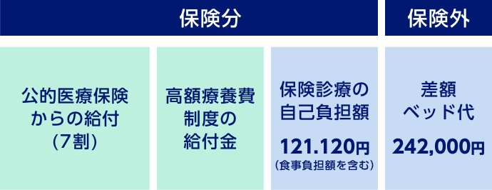 保険分 公的医療保険からの給付(7割) 高額療養費制度の給付金 保険診療の自己負担額121,120円(⾷事負担額を含む)　保険外 差額ベッド代242,000円