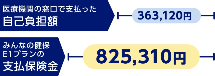 医療機関の窓⼝で⽀払った⾃⼰負担額363,120円　みんなの健保E1プランの⽀払保険⾦825,310円