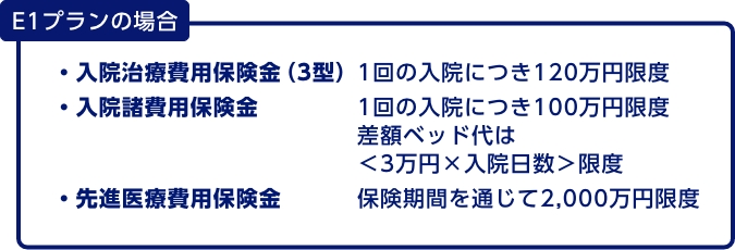 E1プランの場合　・入院治療費用保険金（3型） 1回の入院につき120万円限度　・入院諸費用保険金 1回の入院につき100万円限度 差額ベッド代は＜3万円×入院日数＞限度　・先進医療費用保険金 保険期間を通じて2,000万円限度