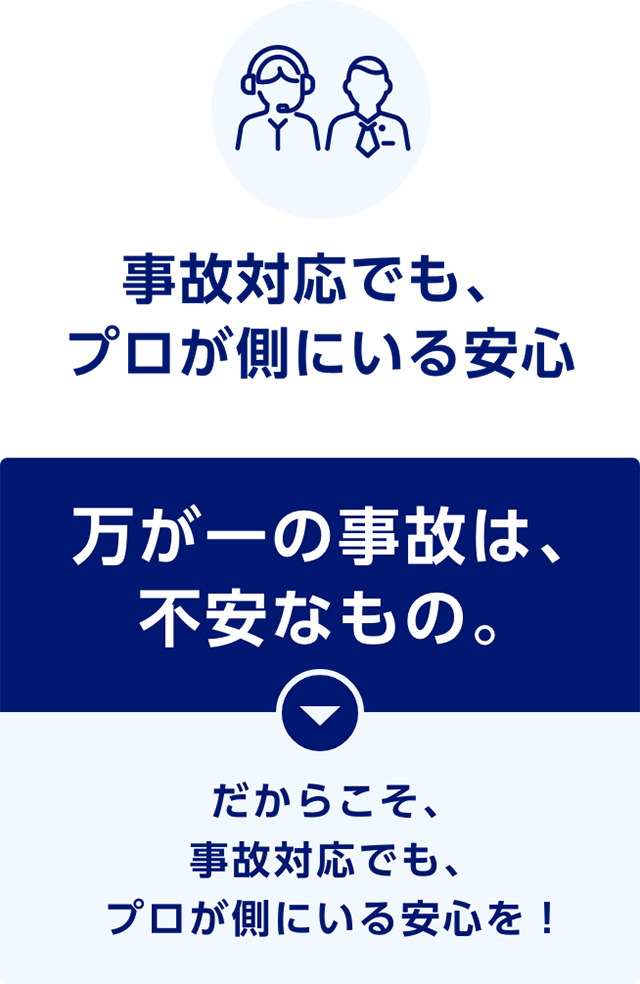 事故対応でも、プロが側にいる安心　万が一の事故は、不安なもの。だからこそ、事故対応でも、プロが側にいる安心を！