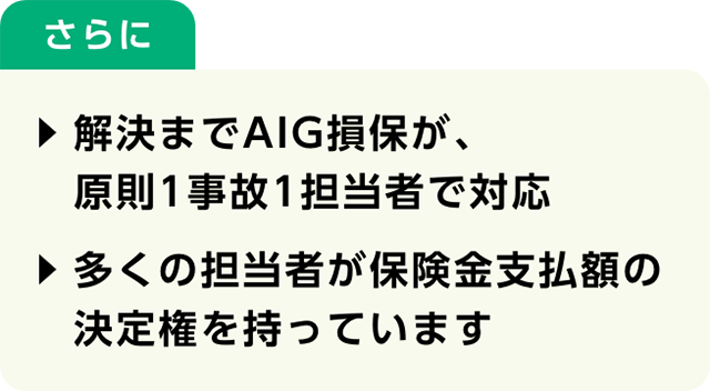 さらに、解決までAIG損保が、原則1事故1担当者で対応　多くの担当者が保険金支払額の決定権を持っています
